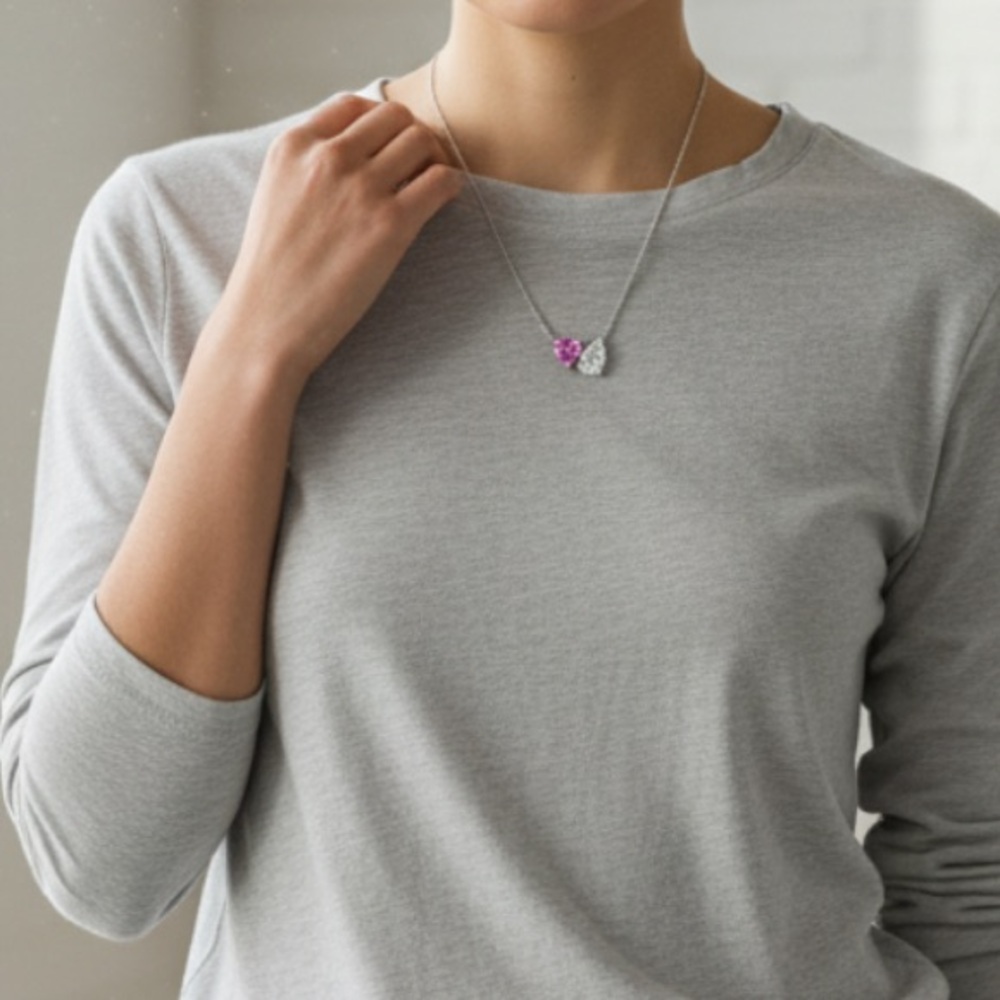 Pink Heart White Pear-Shaped Cubic Zirconia You & Me Necklace in Sterling Silver - Picture 3 of 16